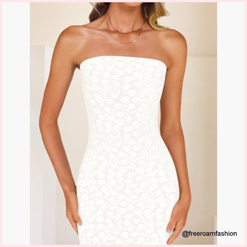 Strapless Bodycon Midi Dress Floral Summer Wedding Guest Beach Party - Picture 6 of 7